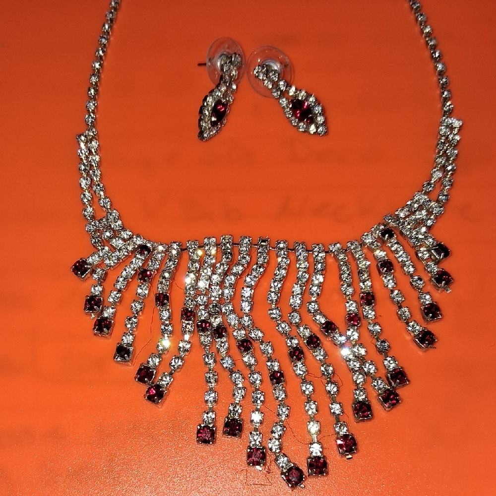 Elegant Silver and Red Necklace and Earring Set